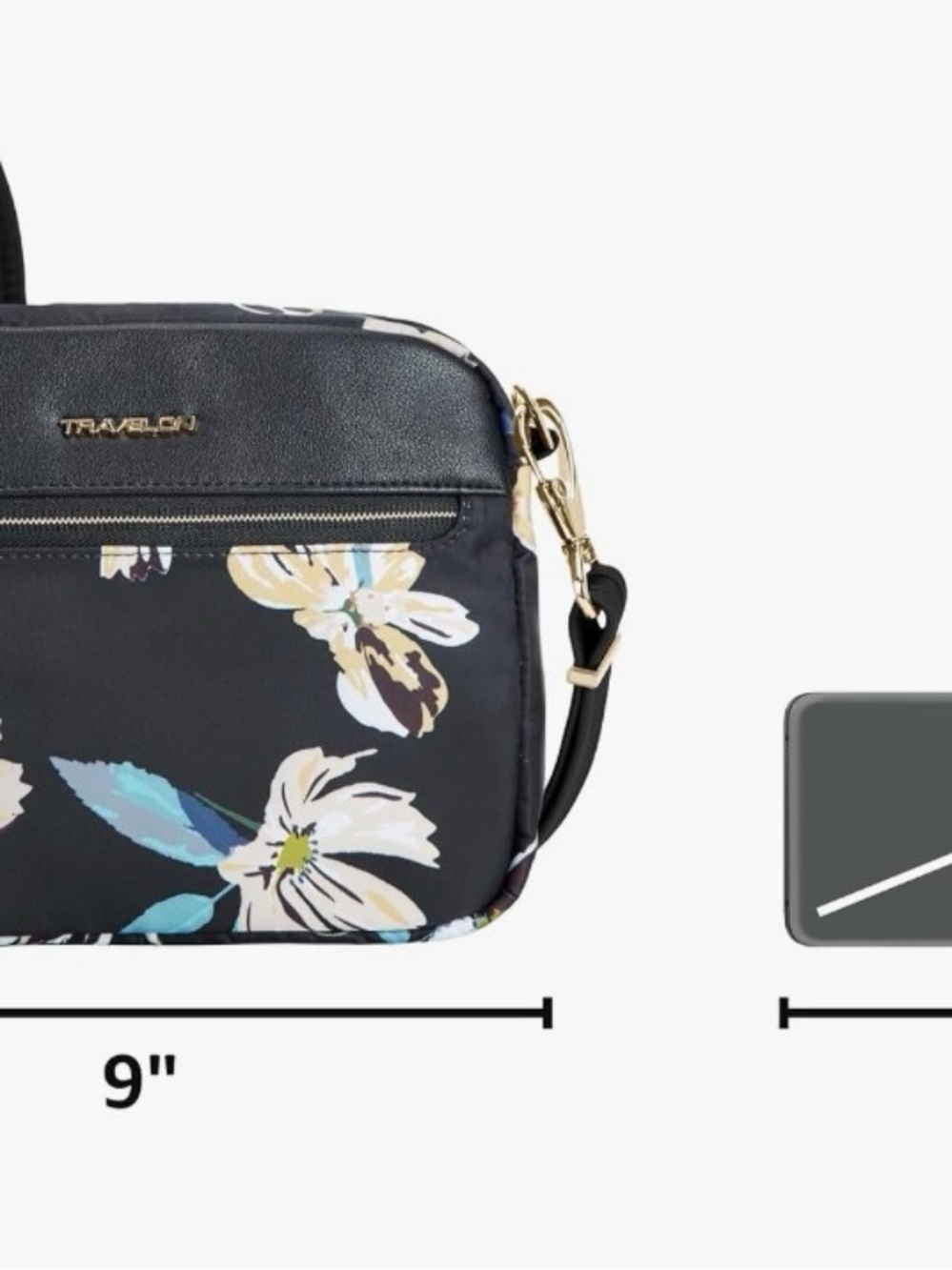 Travelon Black Floral Crossbody with Gold Logo - Picture 6 of 11